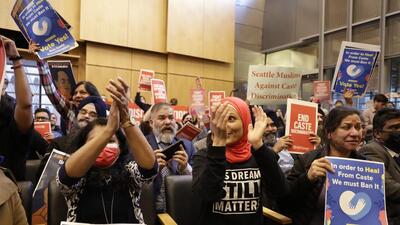 People react to the passing of an ordinance to add caste to Seattle’s anti-discrimination laws in the Seattle City Council chambers, on February in Seattle (Picture for representational purpose only). (AP) People react to the passing of an ordinance to add caste to Seattle’s anti-discrimination laws in the Seattle City Council chambers, on February in Seattle (Picture for representational purpose only). (AP)