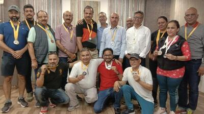 The winners posing with their medals at the Inter-Media Table Tennis Championship in Chandigarh. (HT Photo)