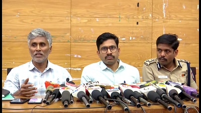 Tiruppur, Mar 05 (ANI): Bihar Rural Development Department Secretary Balamurugan D (L) along with Tiruppur District Collector S Vineeth (C) and Tiruppur Police Commissioner Praveen Kumar Abhinapu addresses a joint press conference after a meeting with the representatives of business and industry associations and migrant workers over the issue of alleged attacks on migrants, in Tiruppur on Sunday. (ANI Photo) (ANI)
