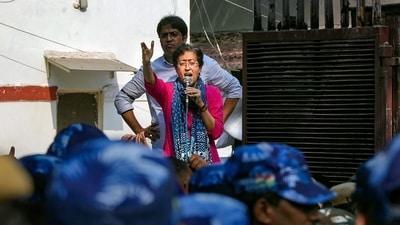 Aam Aadmi Party (AAP) MLA Atishi speaks during a protest against the arrest of Delhi Deputy Chief Minister Manish Sisodia by CBI in the excise policy case, at AAP office in New Delhi, Monday. Aam Aadmi Party (AAP) MLA Atishi speaks during a protest against the arrest of Delhi Deputy Chief Minister Manish Sisodia by CBI in the excise policy case, at AAP office in New Delhi, Monday.