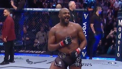 Screengrab of Jon Jones dancing merrily in the cage after lifting heavyweight title (Twitter) Screengrab of Jon Jones dancing merrily in the cage after lifting heavyweight title (Twitter)