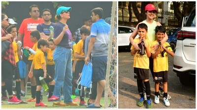 Kareena Kapoor with Taimur and Genelia Deshmukh with sons post the football match. (Varinder Chawla) Kareena Kapoor with Taimur and Genelia Deshmukh with sons post the football match. (Varinder Chawla)