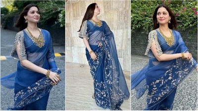 Tamannaah Bhatia's blue netted saree is giving us major bridal fashion goals (Instagram/@tamannaahspeaks) Tamannaah Bhatia's blue netted saree is giving us major bridal fashion goals (Instagram/@tamannaahspeaks)