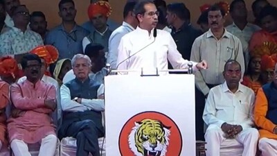 Former Maharashtra chief minister Uddhav Thackeray addresses a rally in Maharashtra's Khed on Sunday, the first after losing the party name and the bow and arrow symbol.