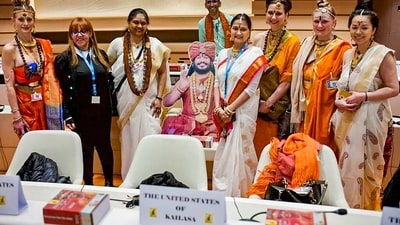Representatives of the so-called "United States of Kailasa", founded by India fugitive Nithyananda, at the UN Human Rights office in Geneva last week. (PTI) Representatives of the so-called "United States of Kailasa", founded by India fugitive Nithyananda, at the UN Human Rights office in Geneva last week. (PTI)