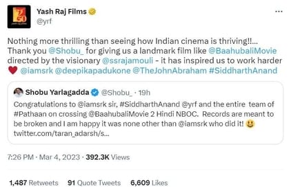 YRF responded to Baahubali 2 producer's tweet. YRF responded to Baahubali 2 producer's tweet.