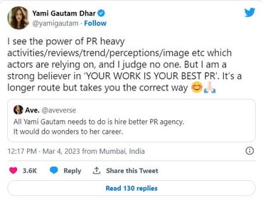 Yami Gautam tweeted about Bollywood's PR machinery, while responding to a Twitter user. Yami Gautam tweeted about Bollywood's PR machinery, while responding to a Twitter user.
