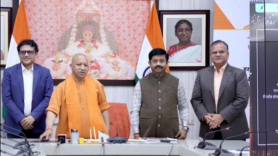 Chief minister Yogi Adityanath at the virtual inauguration of a paint manufacturing unit. (HT Photo)