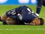 Paris St Germain's Neymar reacts after sustaining an injury 