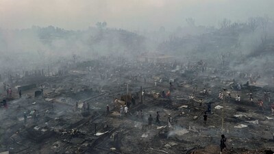A view of the Rohingya refugee camp that was destroyed after a fire broke out in Cox’s Bazar on March 5. According to AP, last year, the United States said the oppression of Rohingya in Myanmar amounts to genocide after US authorities confirmed accounts of mass atrocities against civilians by the military in a systematic campaign against the ethnic minority. Muslim Rohingya face widespread discrimination in Buddhist-majority Myanmar, where most are denied citizenship and many other rights. (Ro Yassin Abdumonab / REUTERS)