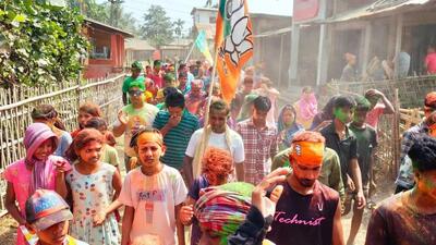 BJP supporters celebrate the party’s victory in the state. (Twitter | BJP Tripura) BJP supporters celebrate the party’s victory in the state. (Twitter | BJP Tripura)