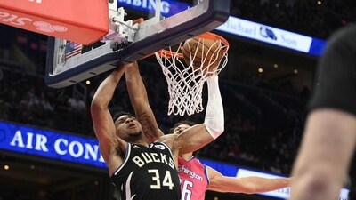 Milwaukee Bucks forward Giannis Antetokounmpo (34) dunks past Washington Wizards forward Anthony Gill (16). (AP) Milwaukee Bucks forward Giannis Antetokounmpo (34) dunks past Washington Wizards forward Anthony Gill (16). (AP)