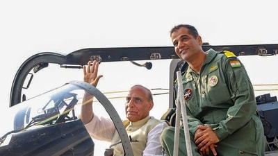 Defence minister Rajnath Singh during the Naval Commanders’ Conference, aboard aircraft carrier INS Vikrant, on Monday. (PTI) Defence minister Rajnath Singh during the Naval Commanders’ Conference, aboard aircraft carrier INS Vikrant, on Monday. (PTI)