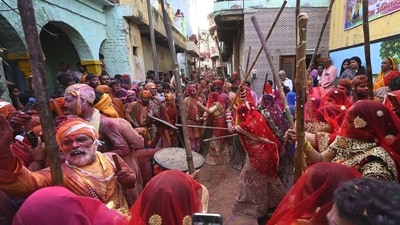 The "Lathmar Holi” (Stick Holi) festival attracts visitors from around the world in large numbers to experience the celebrations, which are a symbol of India’s cultural heritage. (AP) The "Lathmar Holi” (Stick Holi) festival attracts visitors from around the world in large numbers to experience the celebrations, which are a symbol of India’s cultural heritage. (AP)