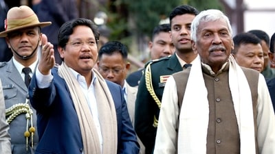 Meghalaya Governor Phagu Chauhan and National People's Party (NPP) chief Conrad K Sangma at Raj Bhavan in Shillong. (ANI) Meghalaya Governor Phagu Chauhan and National People's Party (NPP) chief Conrad K Sangma at Raj Bhavan in Shillong. (ANI)