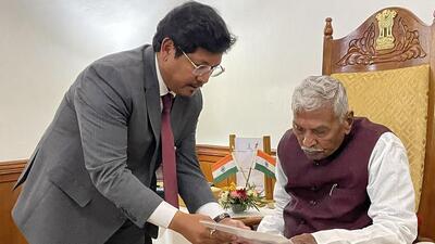 Meghalaya governor Phagu Chauhan receives the letter of support from NPP leader Conrad Sangma to form the government in Meghalaya (PTI) Meghalaya governor Phagu Chauhan receives the letter of support from NPP leader Conrad Sangma to form the government in Meghalaya (PTI)