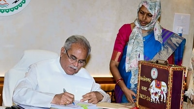 Chhattisgarh Chief Minister Bhupesh Baghel during the final touches of the State Budget 2023-24, in Raipur on Monday, (PTI) Chhattisgarh Chief Minister Bhupesh Baghel during the final touches of the State Budget 2023-24, in Raipur on Monday, (PTI)