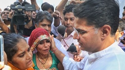 Wives of martyrs of the Pulwama Attack meet senior Congress leader Sachin Pilot at his residence, in Jaipur, Monday. (PTI) Wives of martyrs of the Pulwama Attack meet senior Congress leader Sachin Pilot at his residence, in Jaipur, Monday. (PTI)