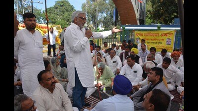 Sarpanches protesting at Panchkula-Chandigarh border on March 4. (Sant Arora/HT)