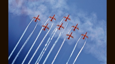 The Surya Kiran aerobatic team of the Indian Air Force displays flares during the air exhibition at Bathinda Air Force Station,Punjab,on Monday,March 06,2023. ((Photo by Sanjeev Kumar/Hindustan Times))