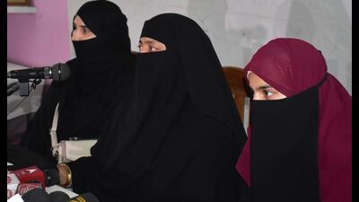 Women members of Atiq Ahmad’s family addressing mediapersons in Prayagraj on Monday. (HT Photo)