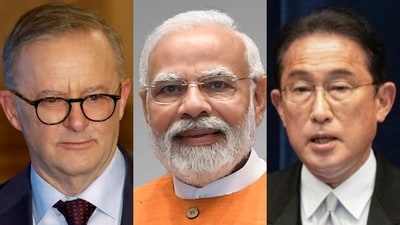 Australia PM Anthony Albanese (left), PM Narendra Modi (centre) and Japanese PM Fumio Kishida.