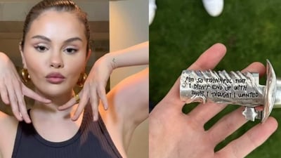 Fans believe that the souvenir gifted at Justin Bieber's birthday bash with a cryptic message was aimed at Selena Gomez. Fans believe that the souvenir gifted at Justin Bieber's birthday bash with a cryptic message was aimed at Selena Gomez.