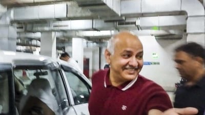 AAP leader Manish Sisodia after being produced in the Rouse Avenue Court in New Delhi on Saturday. (PTI) (HT_PRINT) AAP leader Manish Sisodia after being produced in the Rouse Avenue Court in New Delhi on Saturday. (PTI) (HT_PRINT)