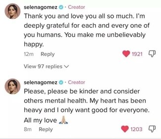 Selena Gomez's comments on TikTok. Selena Gomez's comments on TikTok.