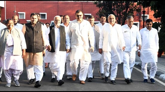 Haryana congress leaders coming out of Hayana Raj Bhawan in Chandigarh on Monday. (Keshav Singh/HT)