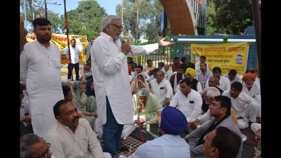 Sarpanches protesting at Panchkula-Chandigarh border on March 4. (Sant Arora/HT)