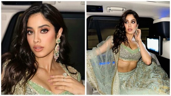 Janhvi Kapoor attended Anant Ambani and Radhika Merchant's engagement bash in a pastel green shimmery lehenga. She shared pictures of herself from the car.&nbsp;