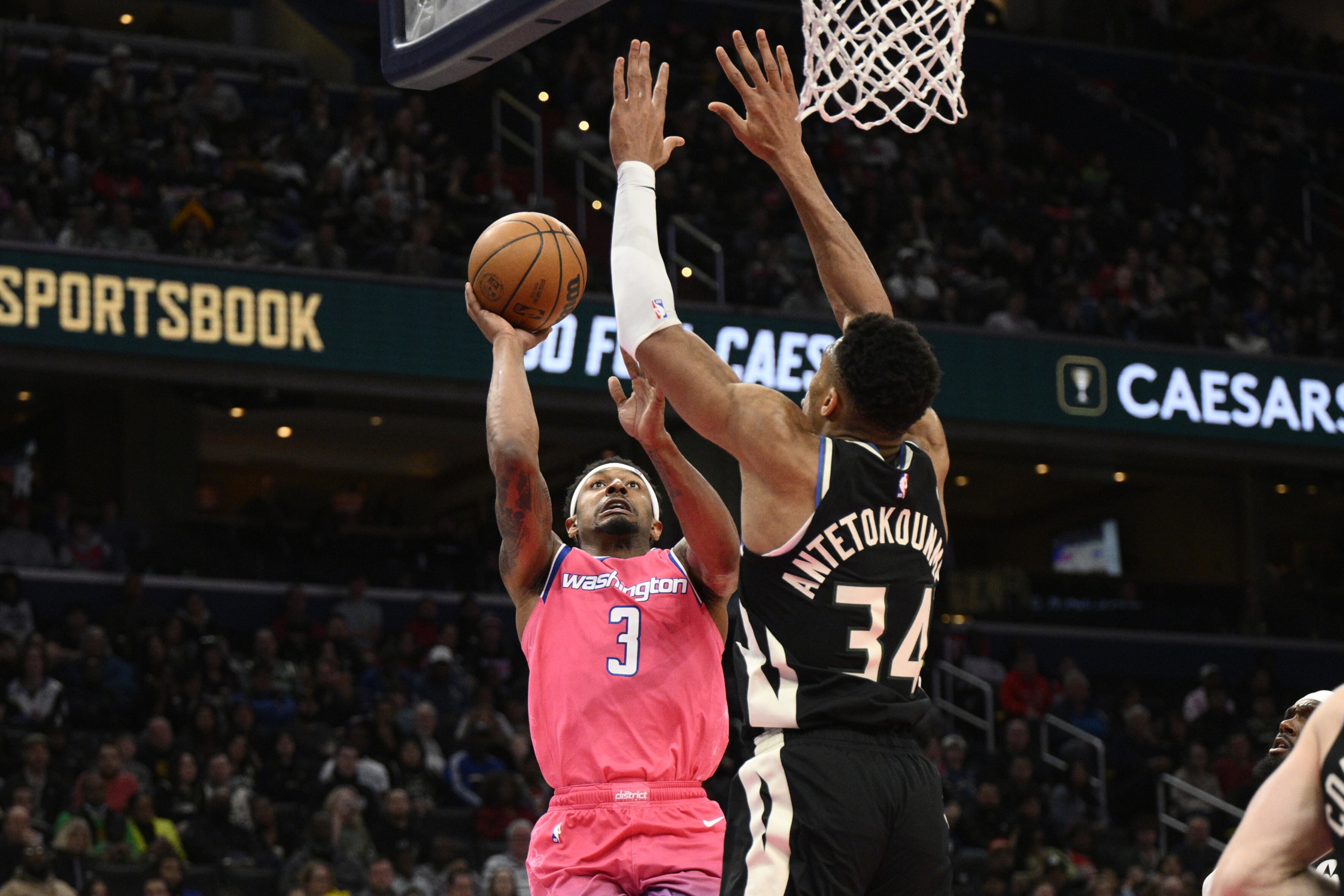 Washington Wizards guard Bradley Beal (3) goes to the basket against Milwaukee Bucks forward Giannis Antetokounmpo (34) during the second half of an NBA basketball game. (AP) Washington Wizards guard Bradley Beal (3) goes to the basket against Milwaukee Bucks forward Giannis Antetokounmpo (34) during the second half of an NBA basketball game. (AP)