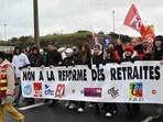 France protests: People hold a banner reading "Pensions reform : no !" during a rally in Dunkirk, northern France as part of a nationwide action day against French President's pension reform. France protests: People hold a banner reading "Pensions reform : no !" during a rally in Dunkirk, northern France as part of a nationwide action day against French President's pension reform.
