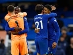 Chelsea's Kepa Arrizabalaga, Denis Zakaria, Ben Chilwell and Wesley Fofana celebrate after the match 