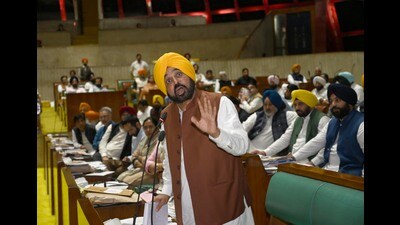 Chief Minister Punjab Bhagwant Mann during the third day of Punjab budget session at Punjab Vidhan Sabha in Chandigarh on Tuesday. (Ravi Kumar/HT Photo) Chief Minister Punjab Bhagwant Mann during the third day of Punjab budget session at Punjab Vidhan Sabha in Chandigarh on Tuesday. (Ravi Kumar/HT Photo)