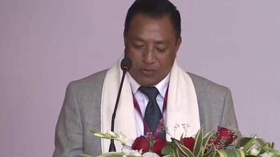 Bharatiya Janata Party's (BJP) Alexander Laloo Hek, UDP's Paul Lyngdoh and Kyrmen Shylla, and Shakliar Warjri of the HSPDP also took oath as ministers. (Twitter/@ANI) Bharatiya Janata Party's (BJP) Alexander Laloo Hek, UDP's Paul Lyngdoh and Kyrmen Shylla, and Shakliar Warjri of the HSPDP also took oath as ministers. (Twitter/@ANI)
