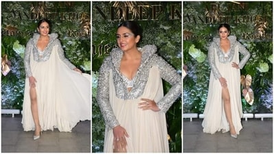 Huma Qureshi recently grabbed eyeballs as she made a stylish appearance at Abu Jani Sandeep Khosla's party in a dramatic outfit created by the designer duo. (HT Photo/Varinder Chawla)