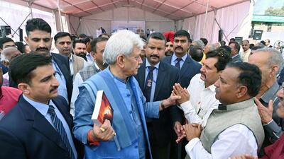 Jammu and Kashmir lieutenant governor Manoj Sinha during the inauguration of a special governance camp for displaced families of PoJK at Bhour Camp, Jammu, on Monday. (ANI) Jammu and Kashmir lieutenant governor Manoj Sinha during the inauguration of a special governance camp for displaced families of PoJK at Bhour Camp, Jammu, on Monday. (ANI)