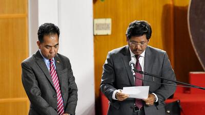 National People's Party (NPP) chief Conrad Sangma taking oath. (ANI) National People's Party (NPP) chief Conrad Sangma taking oath. (ANI)