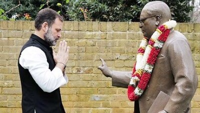 Congress leader Rahul Gandhi pays tribute to the statue of BR Ambedkar at Ambedkar House in London on Sunday, (PTI) Congress leader Rahul Gandhi pays tribute to the statue of BR Ambedkar at Ambedkar House in London on Sunday, (PTI)
