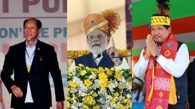 NDPP Neiphiu Rio, PM Narendra Modi and NPP leader Conrad Sangma. (File) NDPP Neiphiu Rio, PM Narendra Modi and NPP leader Conrad Sangma. (File)