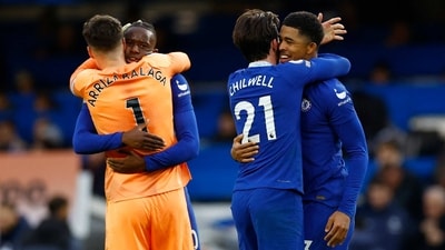 Chelsea's Kepa Arrizabalaga, Denis Zakaria, Ben Chilwell and Wesley Fofana celebrate after the match (Reuters)