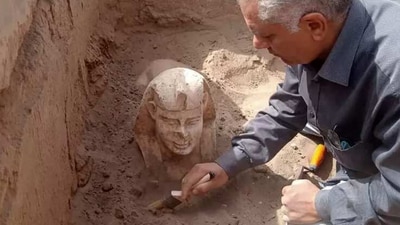 The limestone sphinx with its "smiley face and two dimples" is thought to represent Roman Emperor Claudius. (BBC) The limestone sphinx with its "smiley face and two dimples" is thought to represent Roman Emperor Claudius. (BBC)