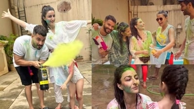 Soha Ali Khan and Kunal Kemmu were joined by their friends on Holi, including actors Neha Dhupia and Angad Bedi. Soha Ali Khan and Kunal Kemmu were joined by their friends on Holi, including actors Neha Dhupia and Angad Bedi.