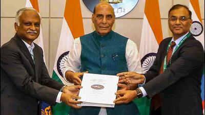 Union defence minister Rajnath Singh (centre) during the signing of the contract with HAL and L&T in New Delhi on Tuesday. (PTI Photo) Union defence minister Rajnath Singh (centre) during the signing of the contract with HAL and L&T in New Delhi on Tuesday. (PTI Photo)