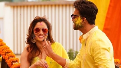 Ankita Lokhande and husband Vicky Jain hosted a Holi bash on Tuesday for their industry friends. The couple was twinning in yellow and put colours on each other as they kickstarted the celebrations.&nbsp; 