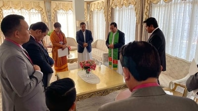 Ahead of the swearing-in ceremony, Meghalaya CM designate Conrad Sangma attended a prayer meeting with all cabinet ministers. (Twitter/@ANI) Ahead of the swearing-in ceremony, Meghalaya CM designate Conrad Sangma attended a prayer meeting with all cabinet ministers. (Twitter/@ANI)