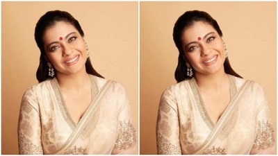 Kajol decked up in an ivory white organza saree featuring minimal embroidery work and teamed it with a matching blouse with long sleeves and a plunging neckline, lined with pastel maroon zari work. (Instagram/@kajol) Kajol decked up in an ivory white organza saree featuring minimal embroidery work and teamed it with a matching blouse with long sleeves and a plunging neckline, lined with pastel maroon zari work. (Instagram/@kajol)