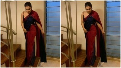 Kajol looked ethereal in the red and blue chiffon saree teamed it with a slip blouse featuring silver sequined work. (Instagram/@kajol) Kajol looked ethereal in the red and blue chiffon saree teamed it with a slip blouse featuring silver sequined work. (Instagram/@kajol)